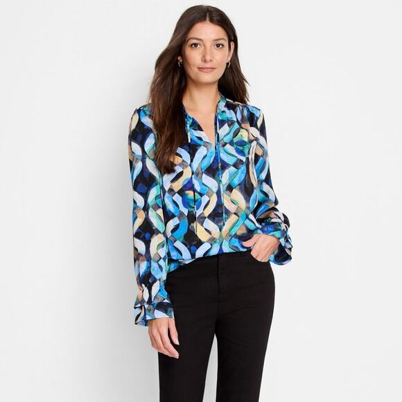 NIC+ZOE Tops - NWT NIC+ZOE Wave Links Top Size M Blue Black Print Blouse Classic Party Dressy